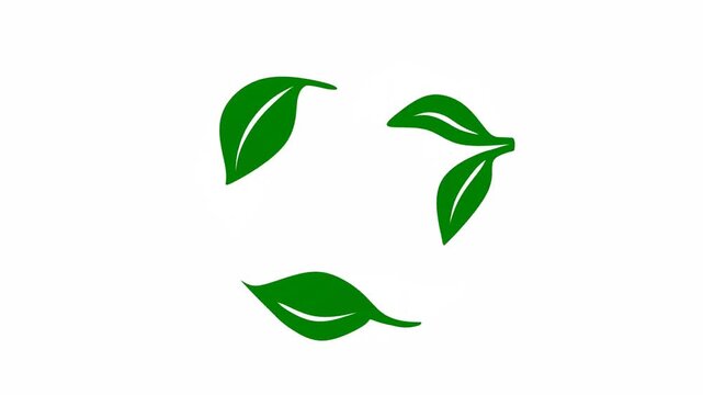 three green leaves rotating in a circular motion on a white background, symbolizing recycling, growth, and environmental sustainability 2D vector animation