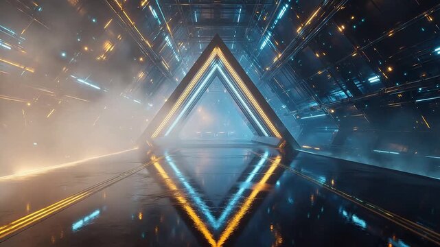 Futuristic neon portal with geometric shapes and reflections in a tunnel