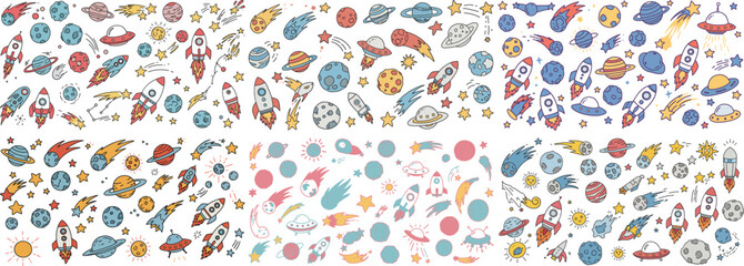 Fototapeta premium Colorful space-themed doodles featuring rockets, planets, and stars in a fun, whimsical style.