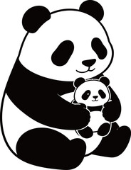 Naklejka premium Adult panda holding a baby panda in a black and white illustration