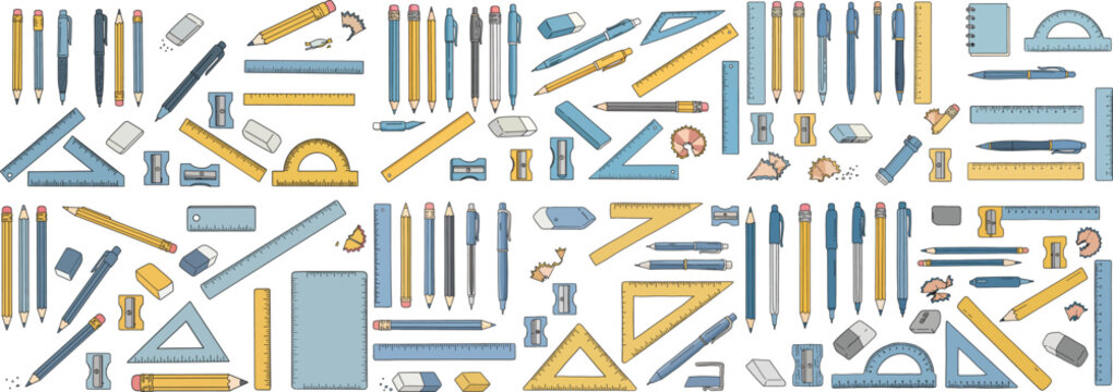 Colorful stationery tools including pencils, rulers, and erasers arranged in a creative flat lay design.