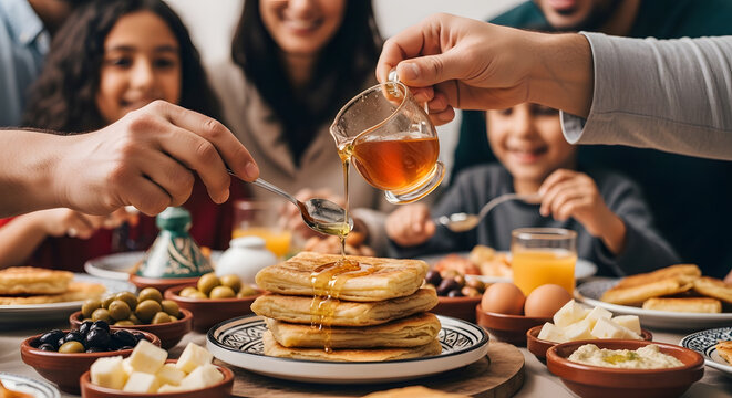 Someone pouring honey or syrup onto a stack of flatbreads during a family breakfast gathering