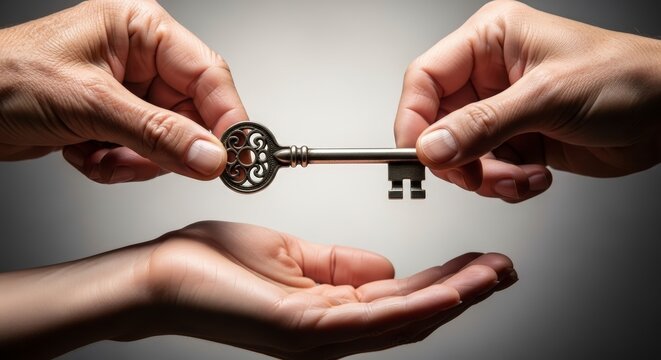 Hands exchanging a single metal key.