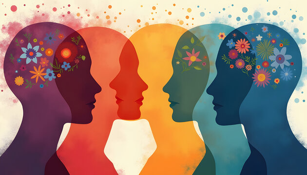 Colorful human head silhouettes with floral elements representing mental health, diversity, creativity, and emotional wellbeing. Abstract conceptual illustration for psychology and mindfulness themes