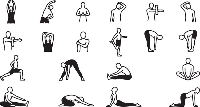 Minimalist Human Stretching Exercise Line Icons Set.