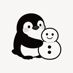 Obraz premium A cartoon penguin hugging a smiling snowman in a simple black and white illustration.
