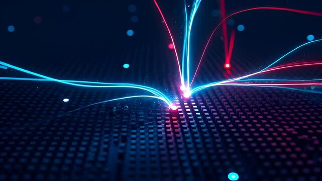 Abstract technology background with glowing fiber optic line, neon blue red light trail, dark grid, futuristic digital background, abstract neon line network, glowing light trail, data flow
