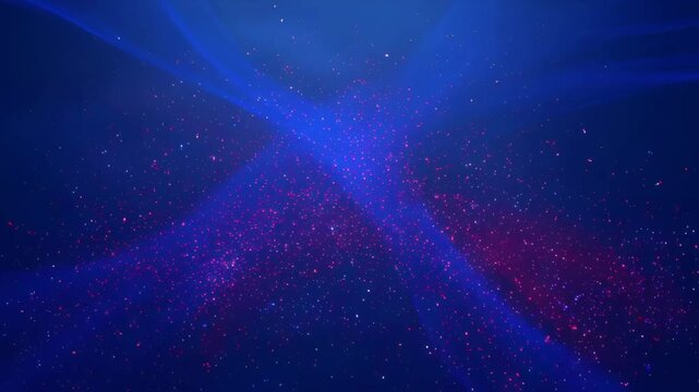 Abstract purple particle background with glowing sparkles and blue gradient light, abstract light streaks crossing blue background with glowing pink and blue curves, abstract light streaks crossing