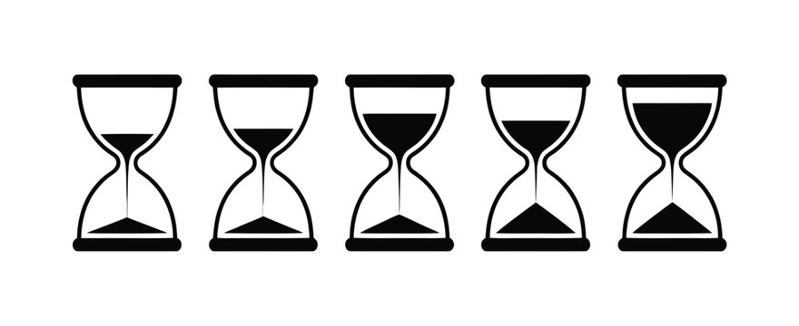 Hourglass icon set, simple flat vector symbols of sand watch and sand glass timers representing time, countdown, waiting, and deadline concepts for UI, apps, and productivity design