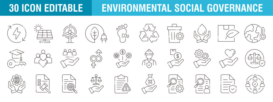 Collection of ESG icons. Environment, social, governance, ecology. Vector template editable stroke EPS 10.