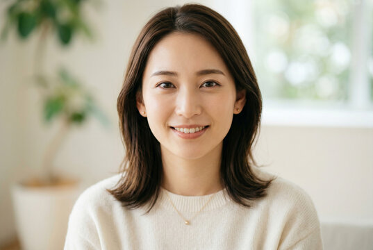 室内で優しく微笑む日本人女性 ポートレート 美容 スキンケア ライフスタイル Generative AI