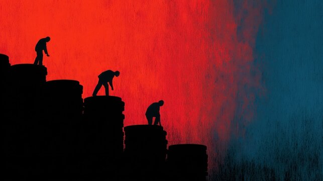 Silhouettes of people on stacks of coins against a red and blue textured background