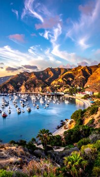 A coastal landscape featuring a bay filled with boats, framed by rolling hills and lush vegetation, under a vibrant sky