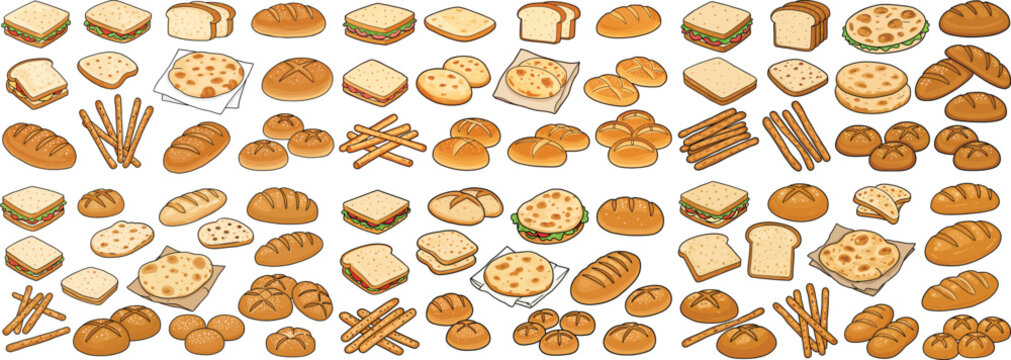 An assortment of delicious baked goods including breads, rolls, and sandwiches in a vibrant illustration.