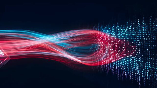 Digital data stream abstract light wave blue red particle flow futuristic network motion energy glowing interface panel dark background technology concept neon trail streaks SEO title