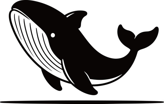 Black and white silhouette of a whale with detailed baleen plates, depicted in mid-leap above a horizontal line