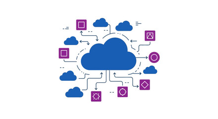 Obraz premium Cloud computing network illustration showing data flow and interconnected digital services with various nodes and connections.