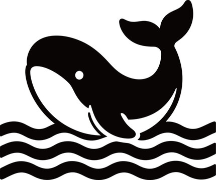 Silhouette of a whale breaching above stylized waves