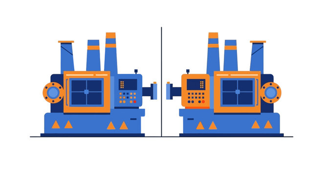 Two identical blue and orange industrial machines facing each other, depicted in a flat vector illustration style on a white background.