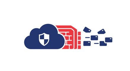 Fototapeta premium Cloud security concept with a shield icon, a red firewall, and data packets illustrating network protection and data flow.