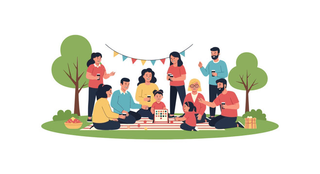 Happy Family and Friends Group Having a Picnic in the Park Vector