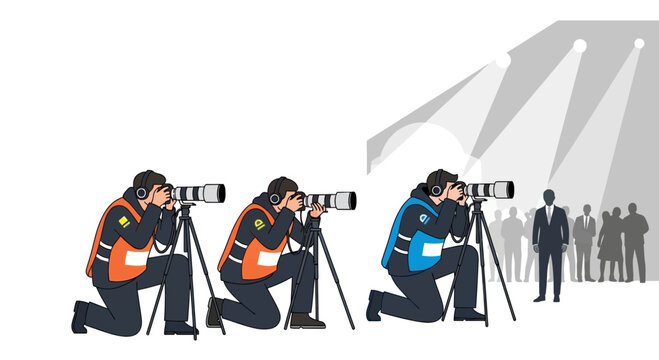 Professional photographers at media press conference vector illustration