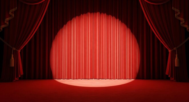 Theater curtains open to reveal a large red spotlight on stage with dark background