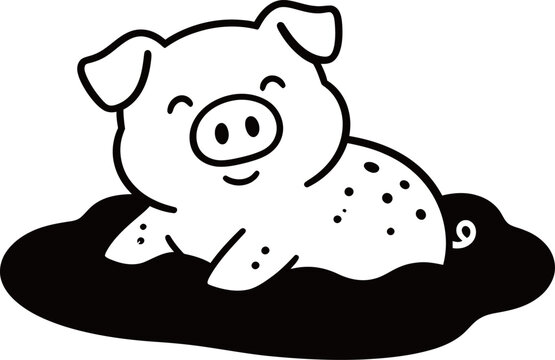 Cartoon pig lying in a mud puddle, black and white illustration