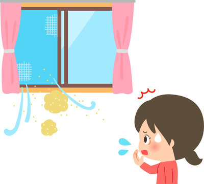 開けた窓から入ってくる黄砂と驚く女性