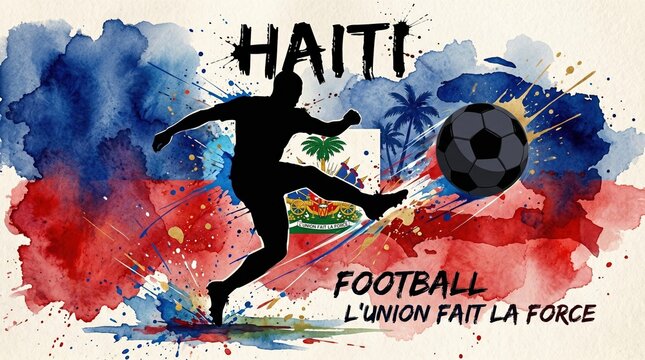 Haiti football, a symbol of unity and strength, featuring a football player and a flag in an artistic illustration