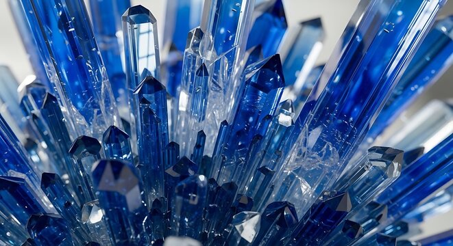Shimmering Blue and Clear Crystal Formation Abstract Close-up of Vibrant Gem-like Structures Reflecting Light, Evoking an Icy and Transparent Feel