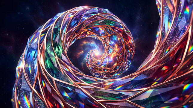 Abstract Luxury 3D Spiral of Faceted Multi-colored Crystals with Rose Gold Lattice and Cosmic Nebula Center