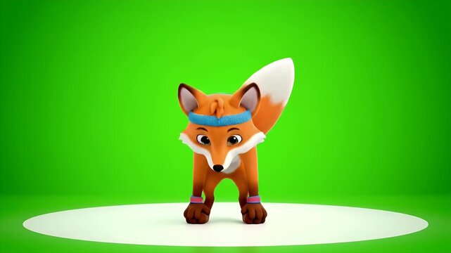 A Playful Cartoon Fox Character With Athletic Headband and Wristbands Dances Joyfully on a White Circular Platform Against a
