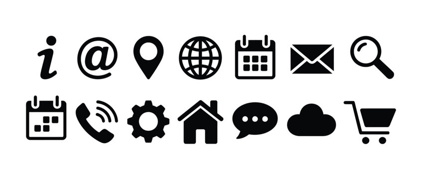 Website communication icon set, flat vector collection of contact, information, and user interface symbols including email, phone, chat, and support for web design, apps, and digital platforms