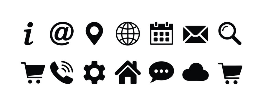 Website communication icon set, flat vector collection of contact, information, and user interface symbols including email, phone, chat, and support for web design, apps, and digital platforms