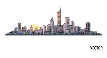 Naklejka premium Modern City Skyline Vector Illustration at Sunset