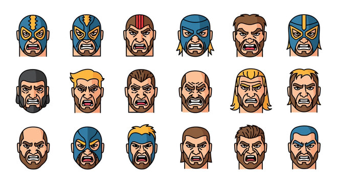 Dynamic vector collection of professional wrestling character portraits, featuring diverse masked luchadors and unmasked fighters with intense, expressive faces for sports graphic designs
