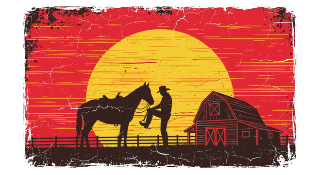 Vintage Cowboy Mounting Horse at Sunset Silhouette on Farm