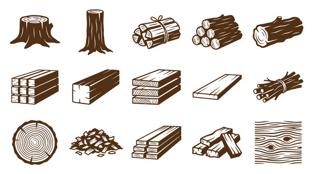 Woodworking  Construction Industry Wood Products: Stylized Line Art Monochrome Icon Set