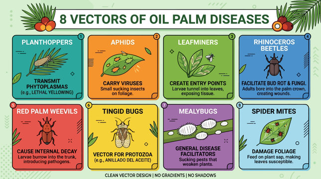 Eight vectors of oil palm diseases infographic with plant pests