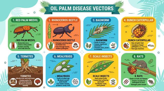 Oil palm disease vectors infographic showing red palm weevil, rhinoceros beetle, bagworm, bunch caterpillar, termites, mealybugs, scale insects, rats