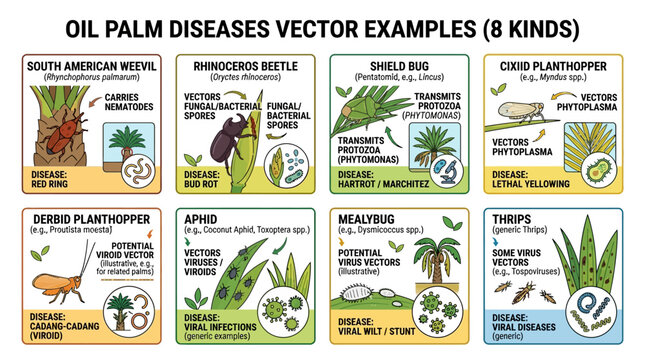 Oil palm diseases vector examples infographic showing eight kinds of insects and their effects