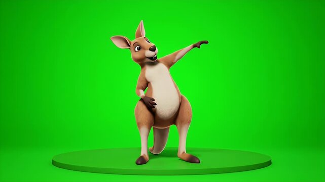 Cute Animated Kangaroo Character Performing a Dynamic Dance Routine on a Green Screen Stage with Smooth Lighting and a Textured
