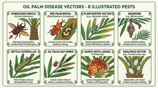 Oil palm pests and disease vectors infographic showing eight insects