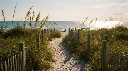 Obraz premium Sandy beach path through grassy dunes leading toward the sparkling ocean in warm coastal light.