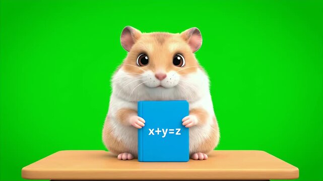 Cute Cartoon Hamster Character Holding a Blue Book with Mathematical Equation X Plus Y Equals Z on a Wooden Desk Against a