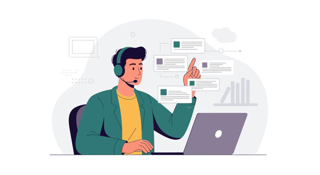 Customer service agent with headset and laptop, interacting with digital interface