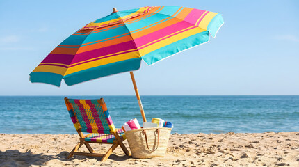 Colorful beach umbrella shading a striped chair and woven bag on sunny sand by the sea. © dhiyaulhaq