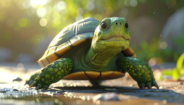 A photorealistic image of a turtle with vibrant green and yellow hues stands out amidst a blurred background and bright sunlight