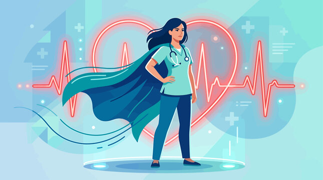 Superhero Nurse Healthcare Heroine Represented with Stethoscope and Cape Against a Backdrop of Anatomical Heart Depiction Symbolizing Medical Professionals  Compassion.